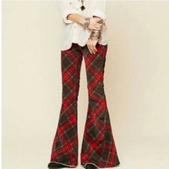 Free People Denim - Free People Red Plaid Flare Wide Leg Jeans